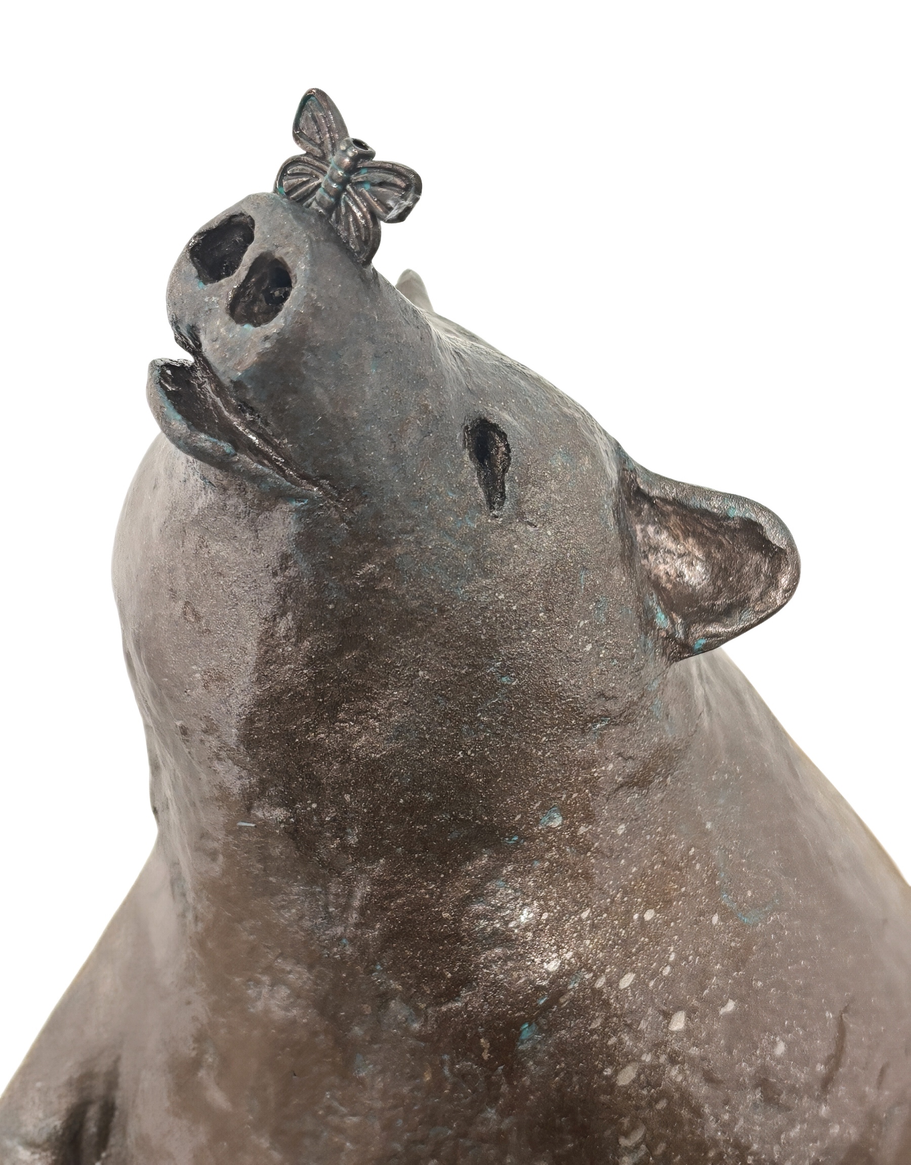 Butterfly Lover (large), original mixed media sculpture of a cute bear with a butterfly on its nose by Canadian artist Karin Taylor at Effusion Art Gallery in Invermere, BC.