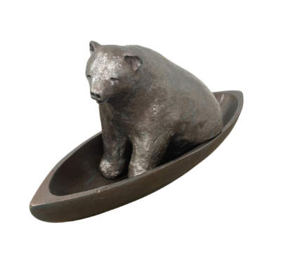 Canoe Bear, original mixed media sculpture of a cute bear sitting in a canoe by Canadian artist Karin Taylor at Effusion Art Gallery in Invermere, BC.
