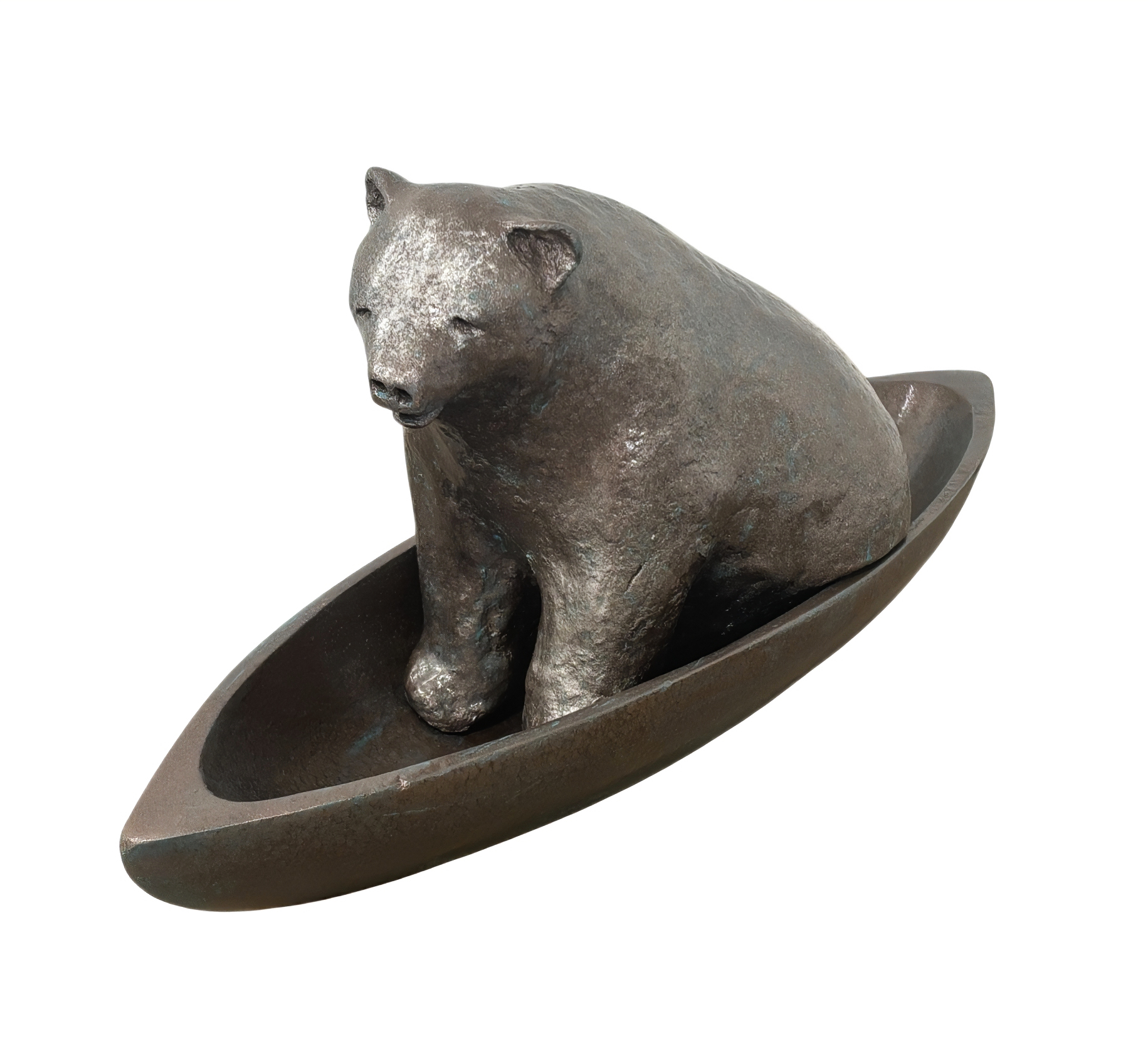 Canoe Bear, original mixed media sculpture of a cute bear sitting in a canoe by Canadian artist Karin Taylor at Effusion Art Gallery in Invermere, BC.