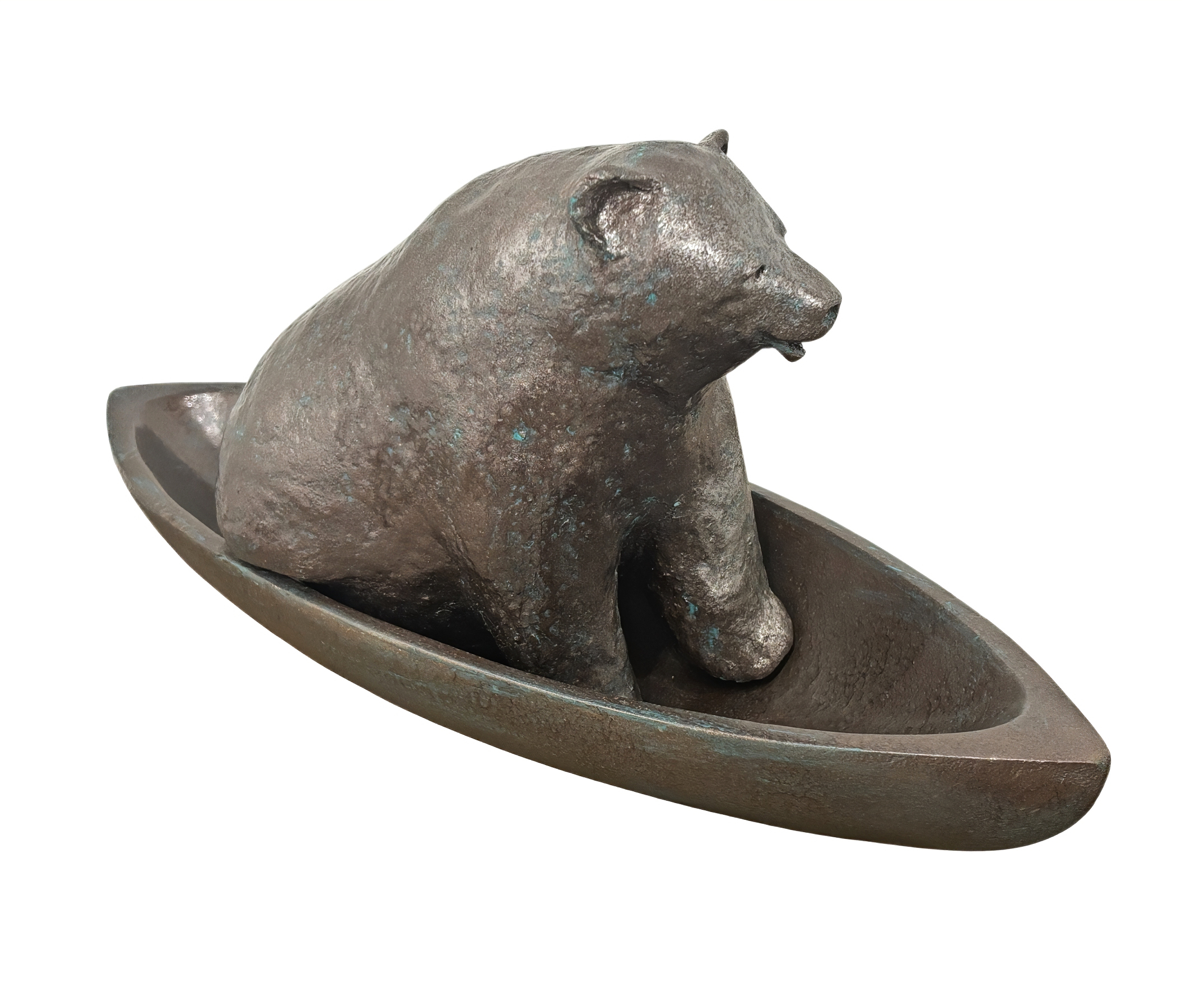 Canoe Bear, original mixed media sculpture of a cute bear sitting in a canoe by Canadian artist Karin Taylor at Effusion Art Gallery in Invermere, BC.