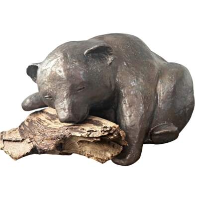 Nap Attack Cub, original mixed media sculpture of a cute bear cub napping on a piece of driftwood by Canadian artist Karin Taylor at Effusion Art Gallery in Invermere, BC.