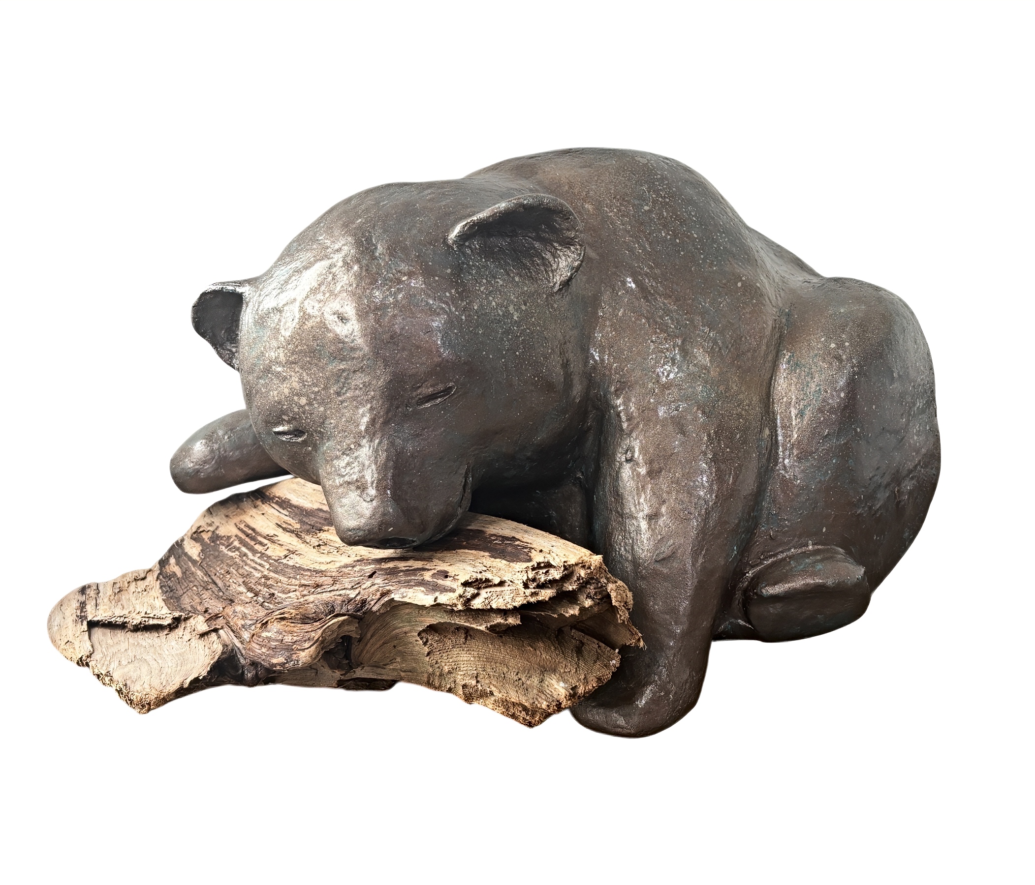 Nap Attack Cub, original mixed media sculpture of a cute bear cub napping on a piece of driftwood by Canadian artist Karin Taylor at Effusion Art Gallery in Invermere, BC.