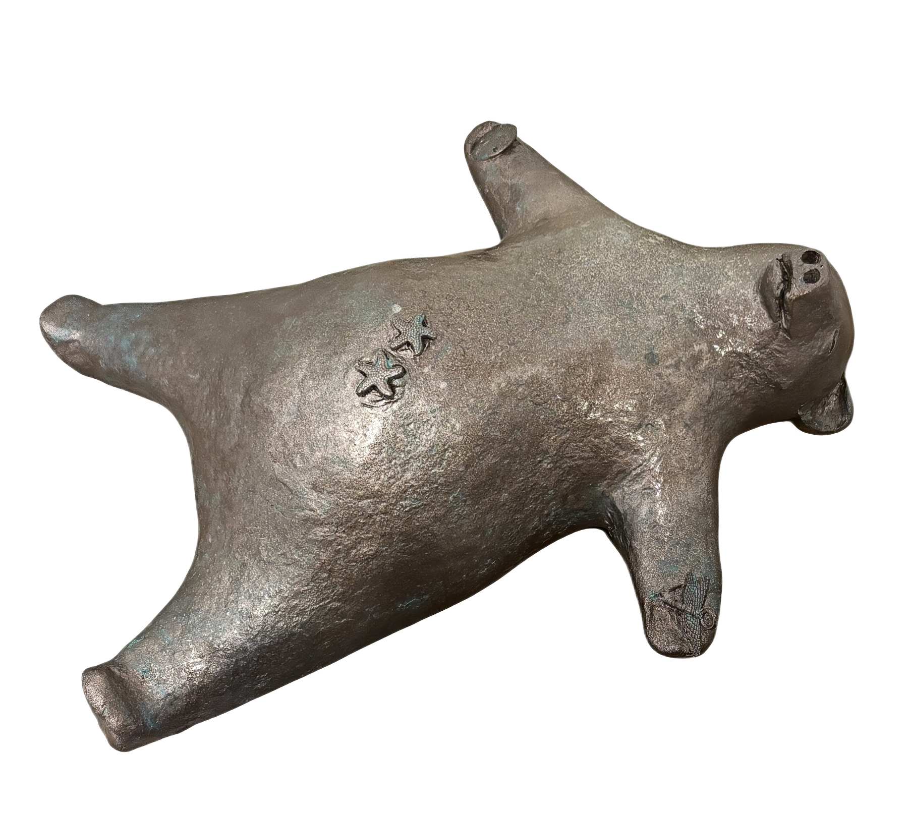 Sea Star Savasana, original mixed media sculpture of a cute bear in the savasana yoga post with his starfish, sand dollar, and dragonfly friends by Canadian artist Karin Taylor at Effusion Art Gallery in Invermere, BC.