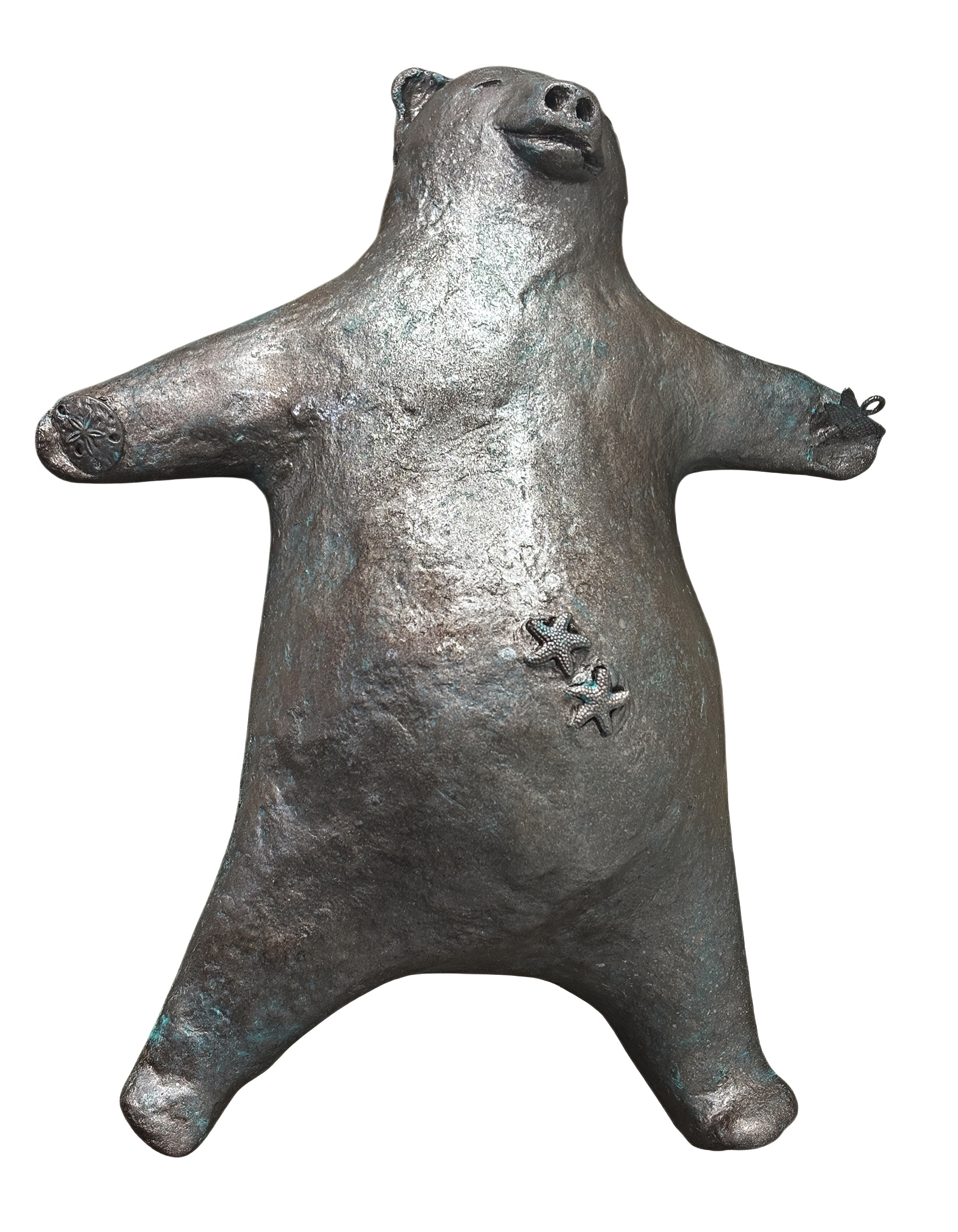 Sea Star Savasana, original mixed media sculpture of a cute bear in the savasana yoga post with his starfish, sand dollar, and dragonfly friends by Canadian artist Karin Taylor at Effusion Art Gallery in Invermere, BC.