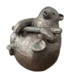 Stick Handler, original mixed media sculpture of a cute bear holding a stick by Canadian artist Karin Taylor at Effusion Art Gallery in Invermere, BC.