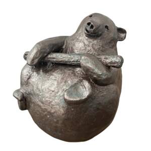 Stick Handler, original mixed media sculpture of a cute bear holding a stick by Canadian artist Karin Taylor at Effusion Art Gallery in Invermere, BC.