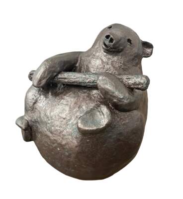 Stick Handler, original mixed media sculpture of a cute bear holding a stick by Canadian artist Karin Taylor at Effusion Art Gallery in Invermere, BC.