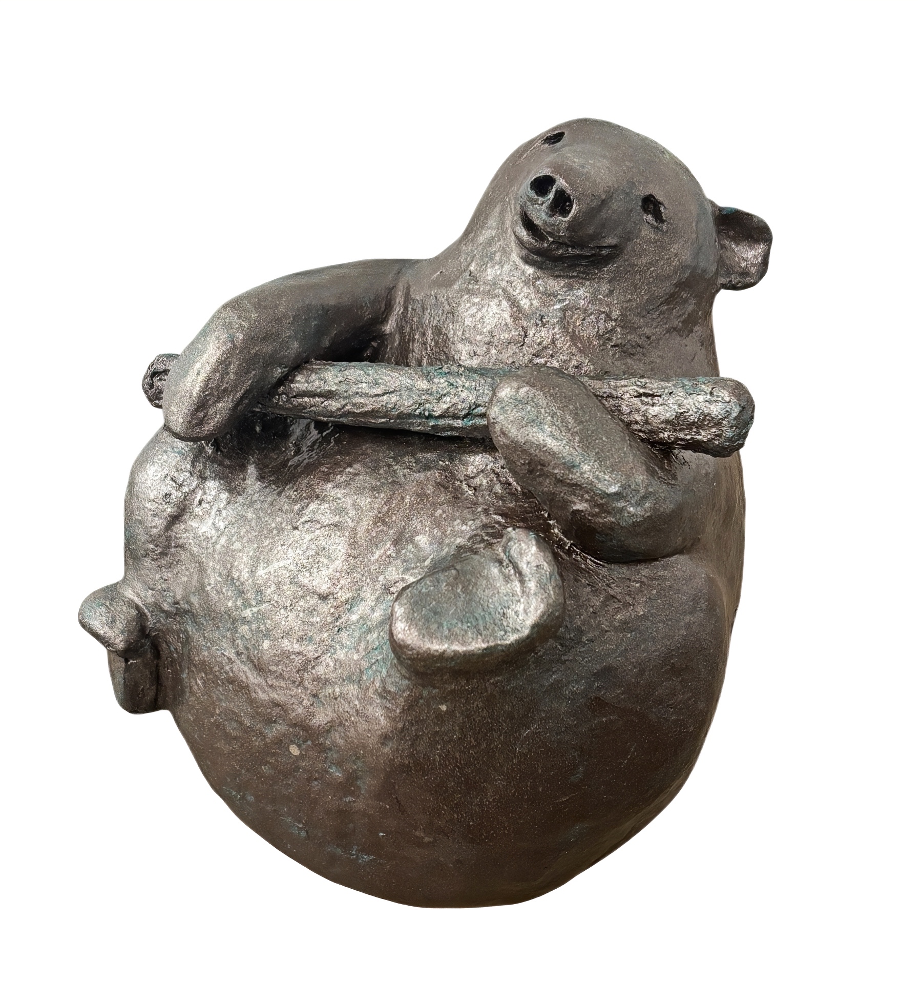 Stick Handler, original mixed media sculpture of a cute bear holding a stick by Canadian artist Karin Taylor at Effusion Art Gallery in Invermere, BC.