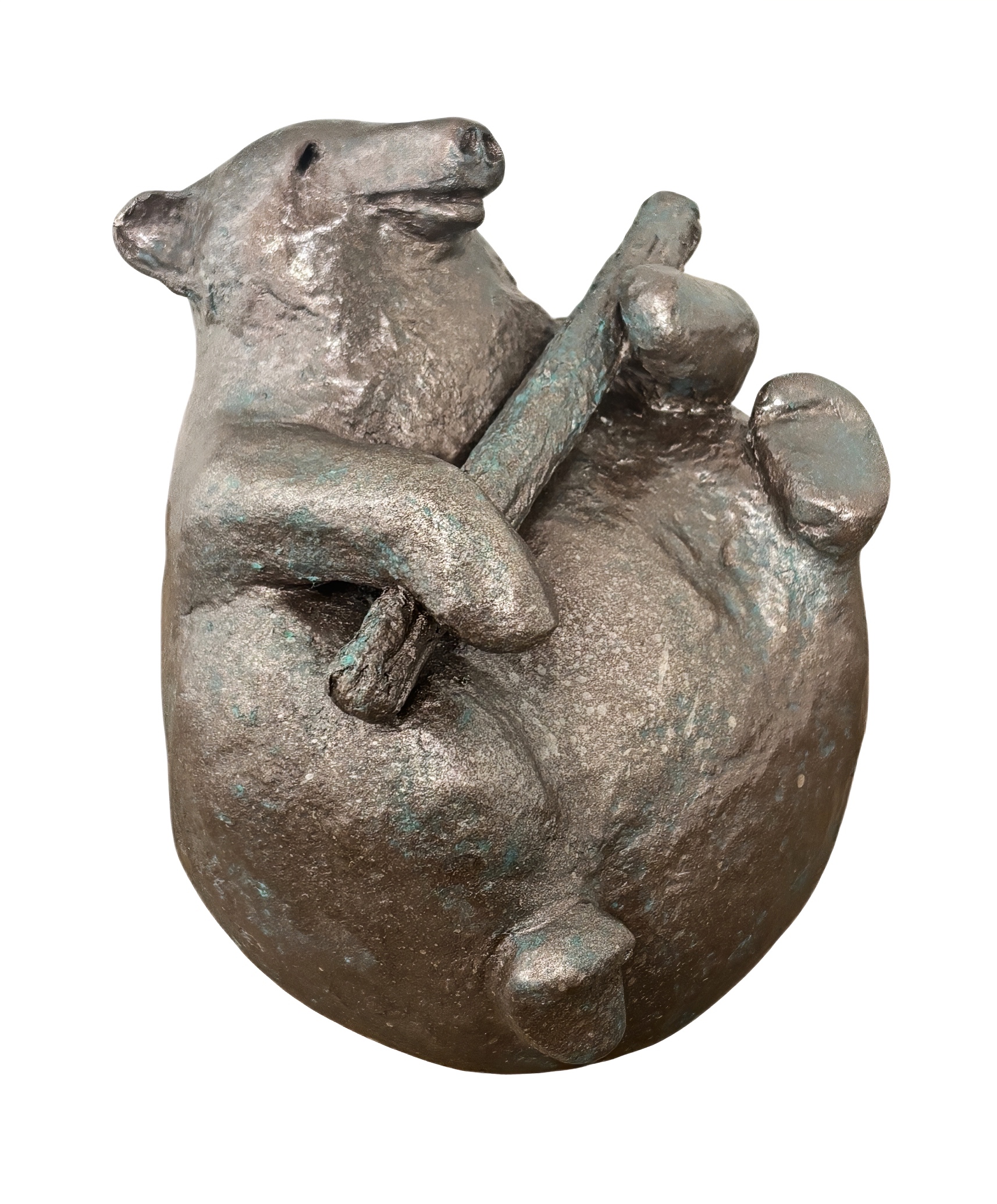 Stick Handler, original mixed media sculpture of a cute bear holding a stick by Canadian artist Karin Taylor at Effusion Art Gallery in Invermere, BC.