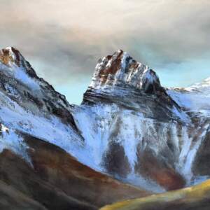 Dramatic Trio, original acrylic landscape painting of the Three Sisters mountains in Canmore, AB by Canadian artist Jane Bronsch at Effusion Art Gallery in Invermere, BC.
