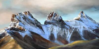 Dramatic trio, original acrylic landscape painting of the Three Sisters mountains in Canmore, AB by Canadian artist Jane Bronsch at Effusion Art Gallery in Invermere, BC.