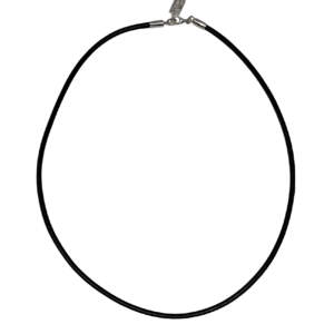 Handmade 18" black leather and sterling silver necklace by Canadian artist Karyn Chopik at Effusion Art Gallery in Invermere, BC.