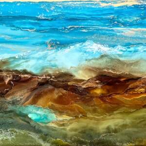 A Breath of Calm, original alcohol ink abstract mountain landscape painting by Canadian artist Paulina Tokarski at Effusion Art Gallery in Invermere, BC.