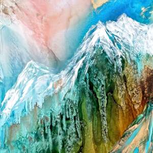 Gravity Holds, original alcohol ink abstract mountain sunset landscape painting by Canadian artist Paulina Tokarski at Effusion Art Gallery in Invermere, BC.