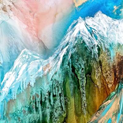 Gravity Holds, original alcohol ink abstract mountain sunset landscape painting by Canadian artist Paulina Tokarski at Effusion Art Gallery in Invermere, BC.