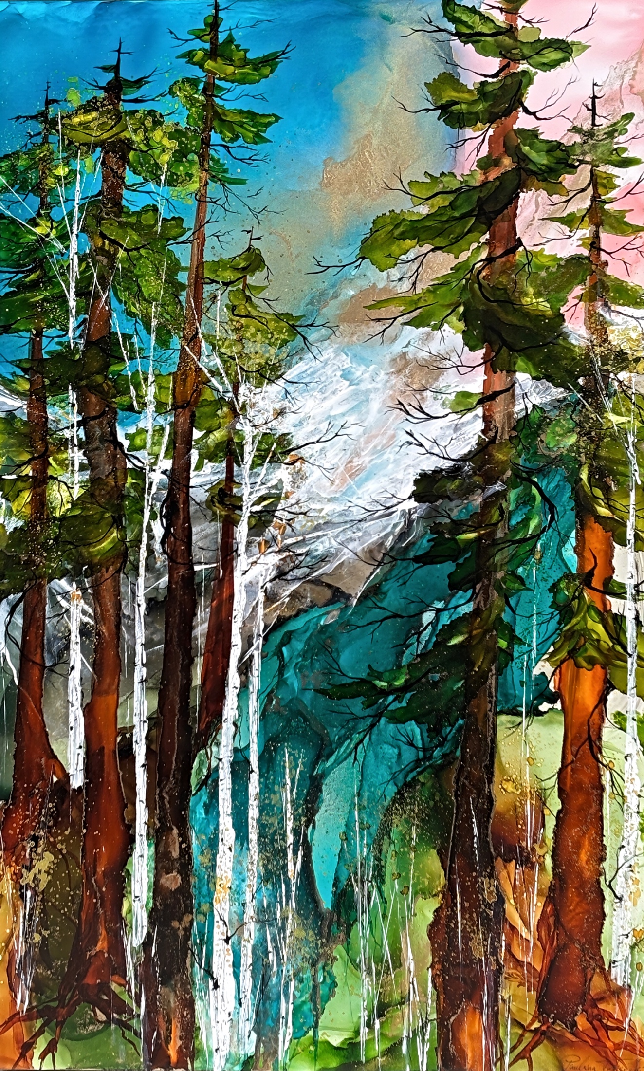 Rooted in Peace, original alcohol ink sunset tree landscape painting by Canadian artist Paulina Tokarski at Effusion Art Gallery in Invermere, BC.
