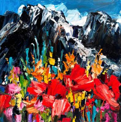 Iconic Images of the Rockies - Castle Mountain 2, original oil landscape painting of Castle Mountain in Banff National Park by Canadian artist Kimberly Kiel at Effusion Art Gallery in Invermere, BC.