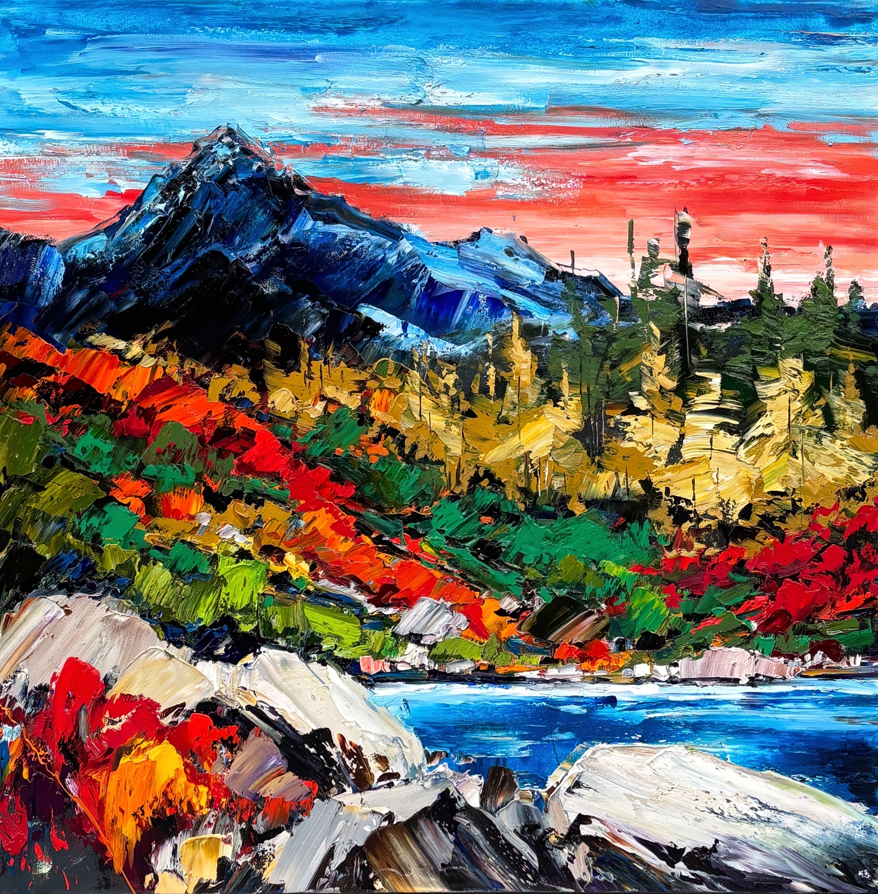 When the River is the First Thing to Say Hello, original oil mountain sunset landscape painting by Canadian artist Kimberly Kiel at Effusion Art Gallery in Invermere, BC.