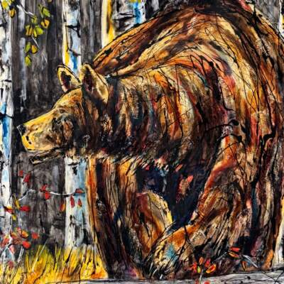 Drop in the Sea, original mixed media grizzly bear painting by Canadian artist David Zimmerman at Effusion Art Gallery in Invermere, BC.
