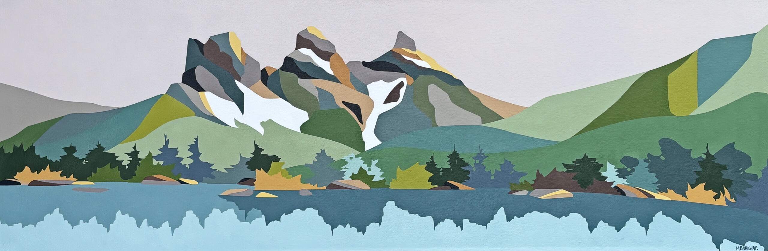 Sisterhood, original acrylic landscape painting of the Three Sisters mountains in Canmore, Alberta by Canadian artist Michelle Barkway at Effusion Art Gallery in Invermere, BC.