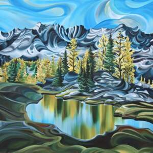 Purcell Mountains, original acrylic local landscape painting of the BC Purcell Mountains by Canadian artist Tess Paul at Effusion Art Gallery in Invermere, BC.