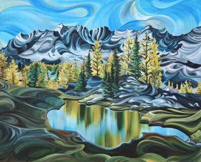 Purcell Mountains, original acrylic local landscape painting of the BC Purcell Mountains by Canadian artist Tess Paul at Effusion Art Gallery in Invermere, BC.