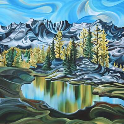 Purcell Mountains, original acrylic local landscape painting of the BC Purcell Mountains by Canadian artist Tess Paul at Effusion Art Gallery in Invermere, BC.