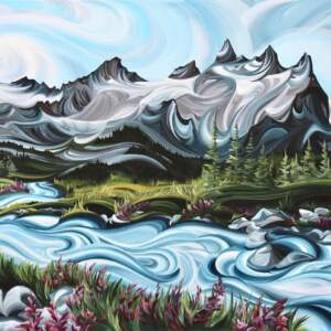 Waddington Range, original acrylic landscape painting of Waddington Range in the BC Coast Mountains by Canadian artist Tess Paul at Effusion Art Gallery in Invermere, BC.