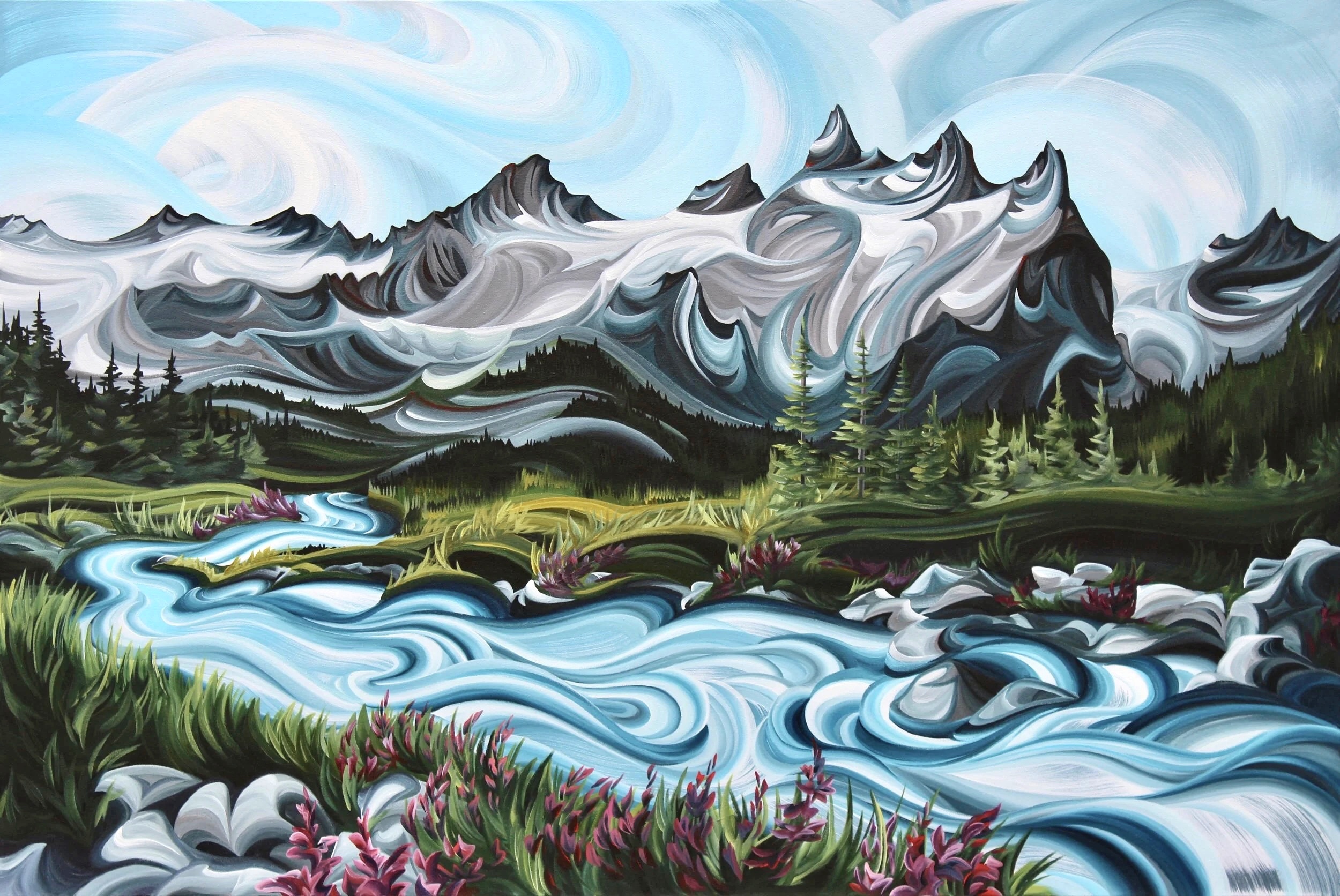 Waddington Range, original acrylic landscape painting of  Waddington Range in the BC Coast Mountains by Canadian artist Tess Paul at Effusion Art Gallery in Invermere, BC.