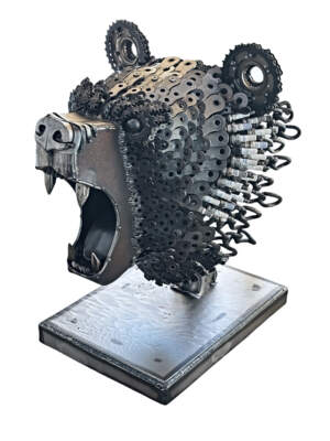Trinket, original reclaimed steel bear head sculpture by Canadian metal artist Wendy Stone at Effusion Art Gallery in Invermere, BC.