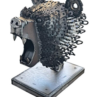 Trinket, original reclaimed steel bear head sculpture by Canadian metal artist Wendy Stone at Effusion Art Gallery in Invermere, BC.