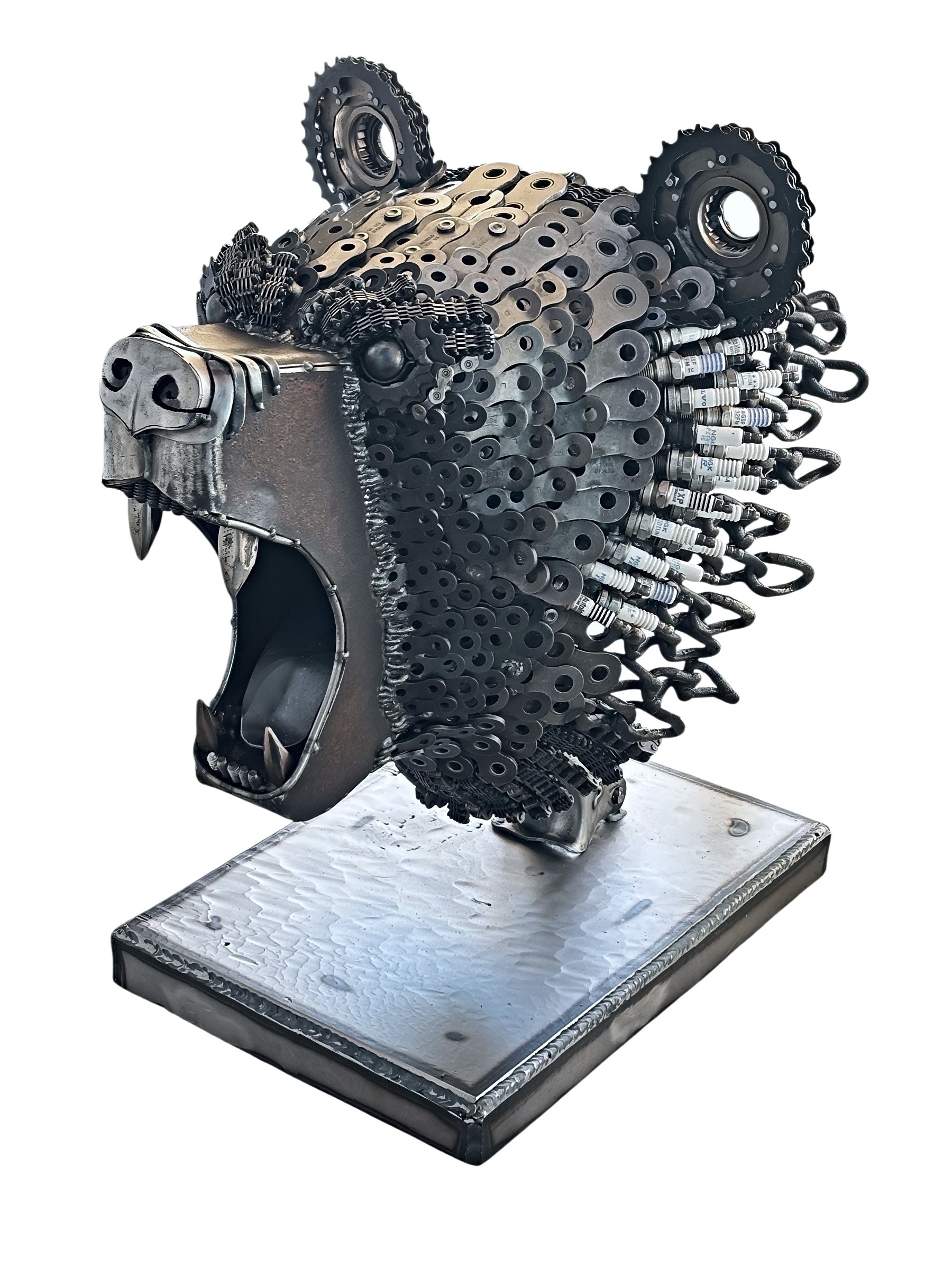 Trinket, original reclaimed steel bear head sculpture by Canadian metal artist Wendy Stone at Effusion Art Gallery in Invermere, BC.