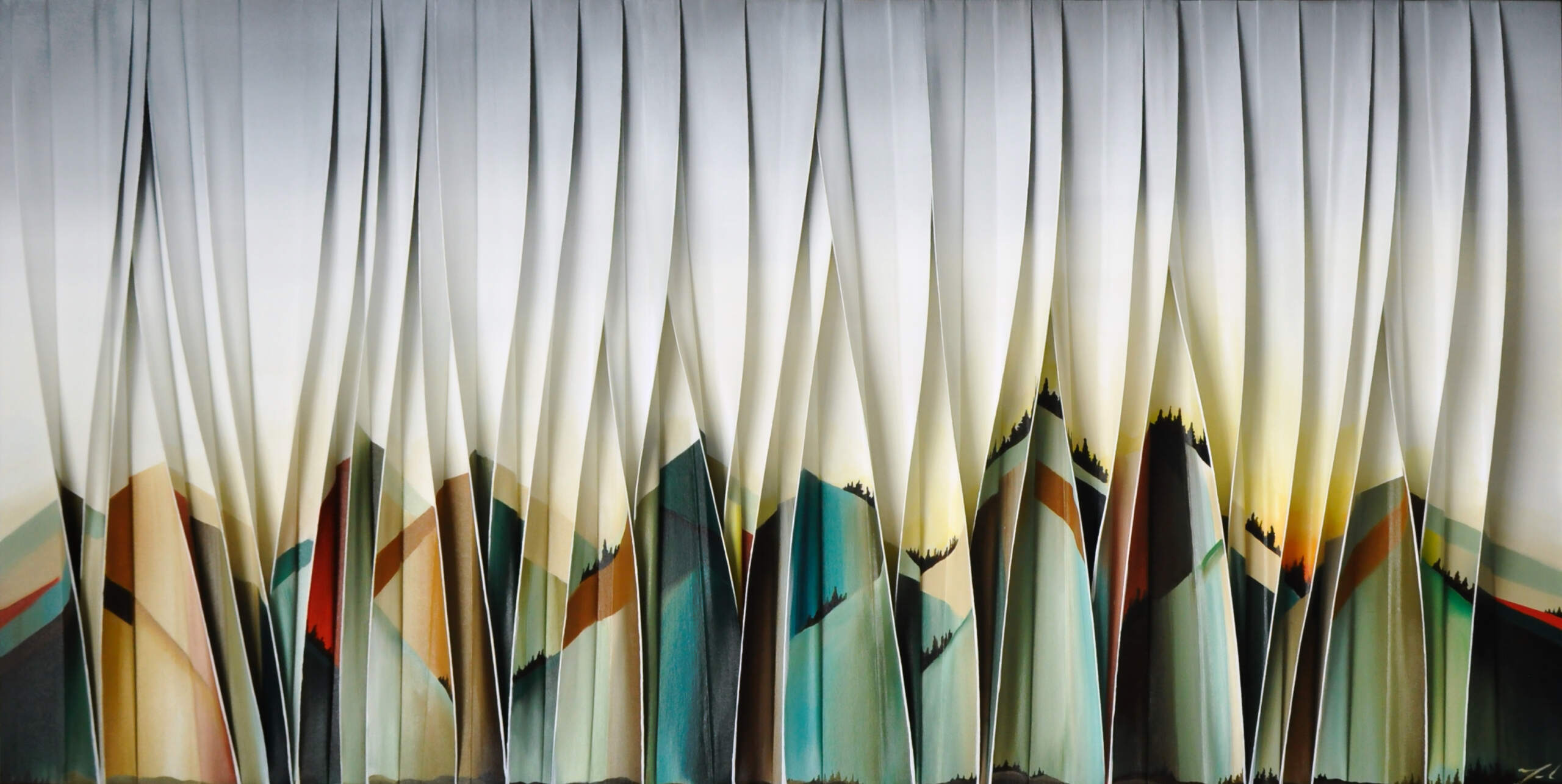 Amours au crépuscule, original 3-D abstract mountain landscape painting by Canadian artist Melanie Giguere at Effusion Art Gallery in Invermere, BC.