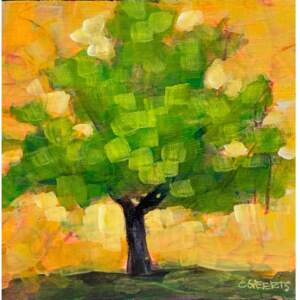 Spring, Summer, Fall, set of three original acrylic seasonal tree paintings by Canadian artist Connie Geerts at Effusion Art Gallery in Invermere, BC.