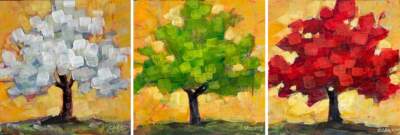 Spring, Summer, Fall, set of three original acrylic seasonal tree paintings by Canadian artist Connie Geerts at Effusion Art Gallery in Invermere, BC.
