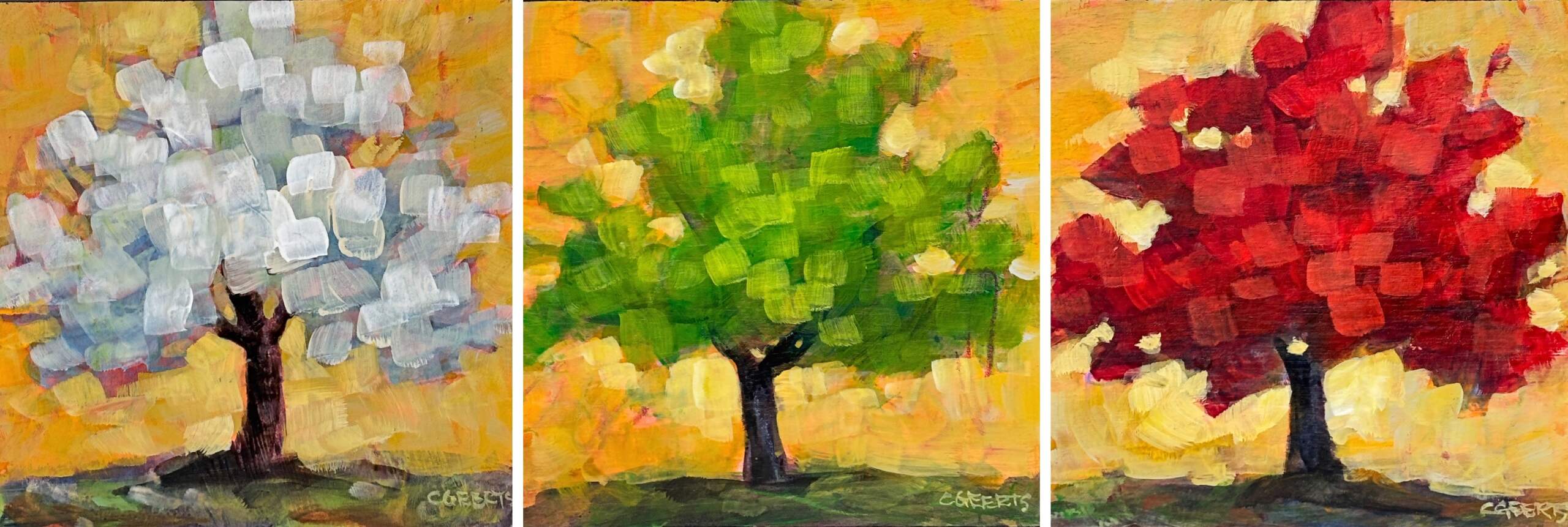 Spring, Summer, Fall, set of three original acrylic seasonal tree paintings by Canadian artist Connie Geerts at Effusion Art Gallery in Invermere, BC.