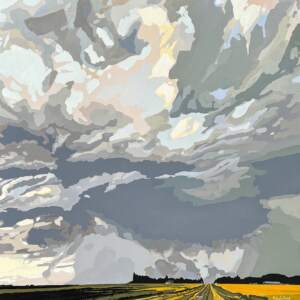 Yellow Fields, Gathering Grey, original acrylic prairie landscape painting by Canadian artist Michaela Hoppe at Effusion Art Gallery in Invermere, BC.