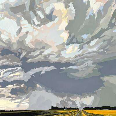 Yellow Fields, Gathering Grey, original acrylic prairie landscape painting by Canadian artist Michaela Hoppe at Effusion Art Gallery in Invermere, BC.