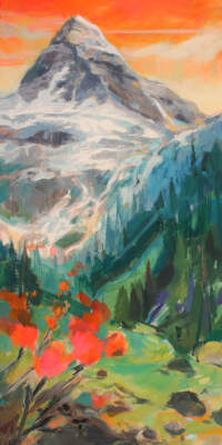 Majestic Assiniboine, original acrylic local landscape painting of Mount Assiniboine at sunset by Canadian artist Becky Holuk at Effusion Art Gallery in Invermere, BC.