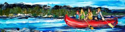 Wandering, original oil canoe painting by Canadian artist Kimberly Kiel at Effusion Art Gallery in Invermere, BC.