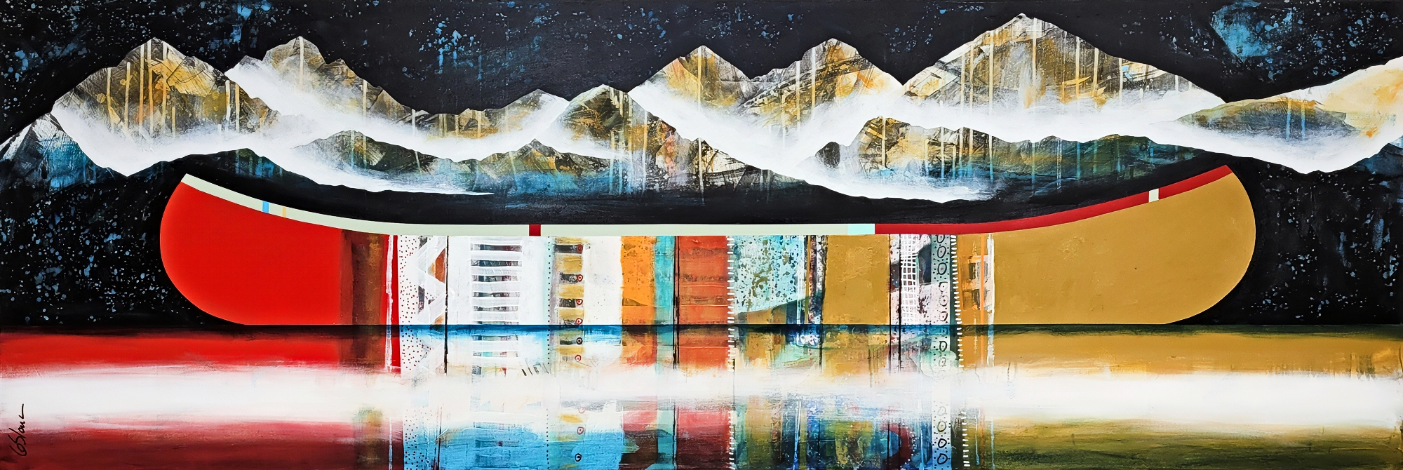 À deux c'est mieux, original mixed media canoe and mountain painting by Canadian artist Sylvain Leblanc at Effusion Art Gallery in Invermere, BC.