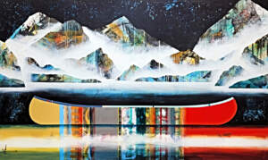 Je t'écrirai bientôt, original mixed media canoe and mountain painting by Canadian artist Sylvain Leblanc at Effusion Art Gallery in Invermere, BC.