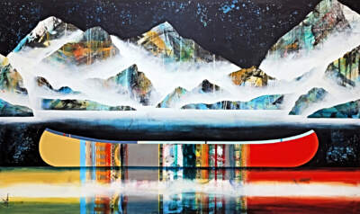 Je t'écrirai bientôt, original mixed media canoe and mountain painting by Canadian artist Sylvain Leblanc at Effusion Art Gallery in Invermere, BC.