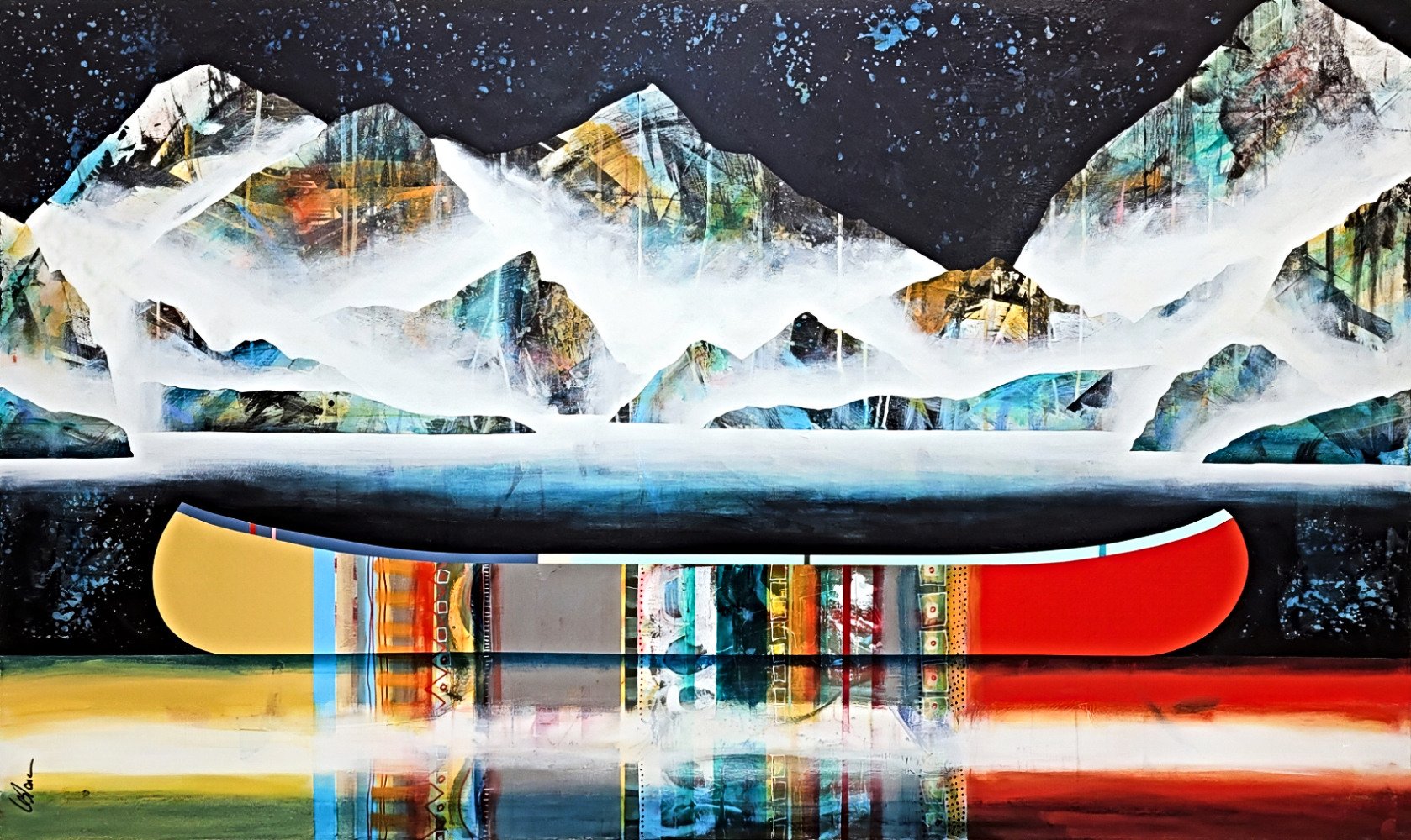 Je t'écrirai bientôt, original mixed media canoe and mountain painting by Canadian artist Sylvain Leblanc at Effusion Art Gallery in Invermere, BC.