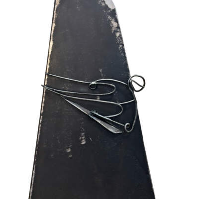 Mountain Synergy 1, original metal skier + mountain sculpture by Canadian artist Paul Reimer at Effusion Art Gallery in Invermere, BC.