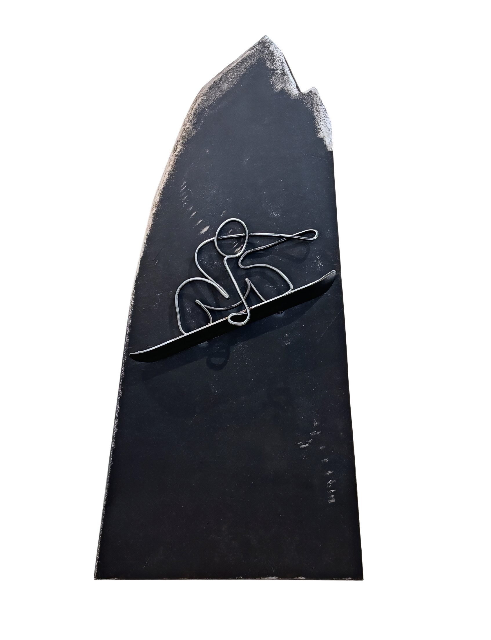 Mountain Synergy 2, original metal snowboarder + mountain sculpture by Canadian artist Paul Reimer at Effusion Art Gallery in Invermere, BC.
