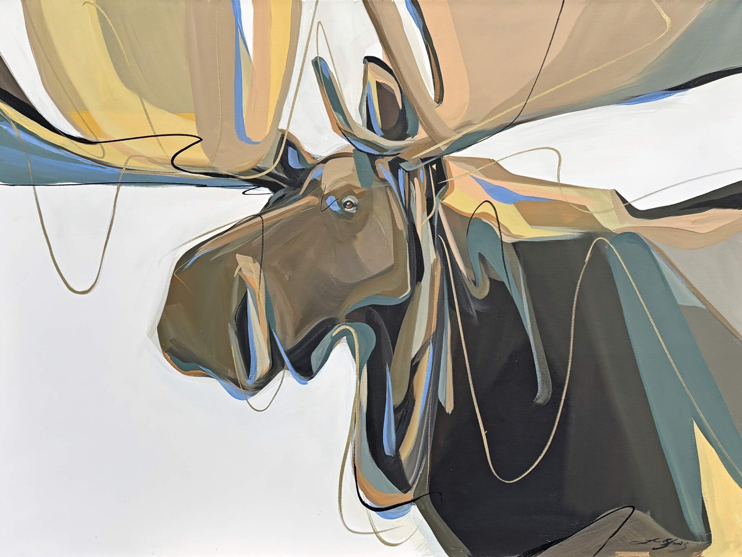 Winding Road, original acrylic moose painting by Canadian artist Laura Stevens at Effusion Art Gallery in Invermere, BC.