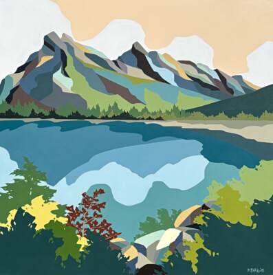 Rocky Mountain Morning, original acrylic painting of Mount Rundle and Vermillion lakes by Canadian artist Michelle Barkway at Effusion Art Gallery in Invermere, BC.