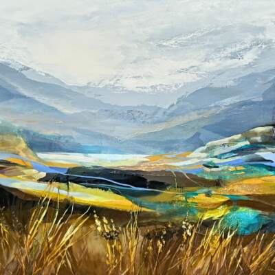 Embracing the Sun, original acrylic loose landscape painting by Canadian artist Jane Bronsch at Effusion Art Gallery in Invermere, BC.