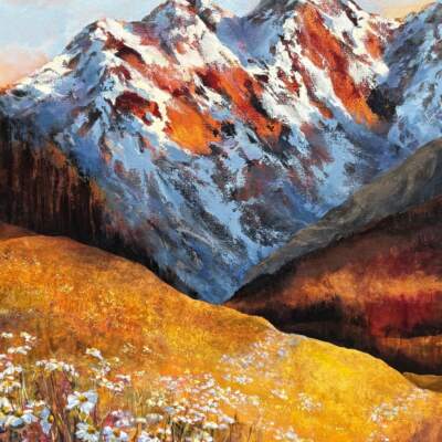 Mountain Blossoms, original acrylic painting of a mountain landscape with wild daisies at sunset by Canadian artist Jane Bronsch at Effusion Art Gallery in Invermere, BC.